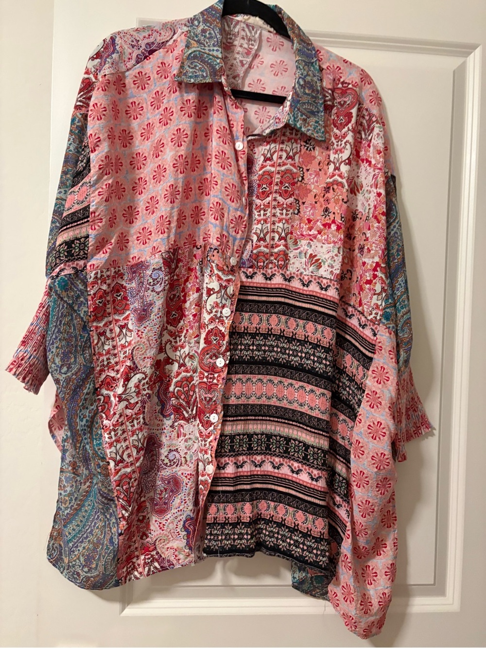 Oil & Hali Boho Patchwork Oversized Button-Up Shirt in Pink & Coral